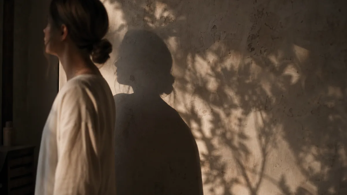 A woman stands in warm side light, her soft-edged shadow cast on a plaster wall dappled with leaf shadows.