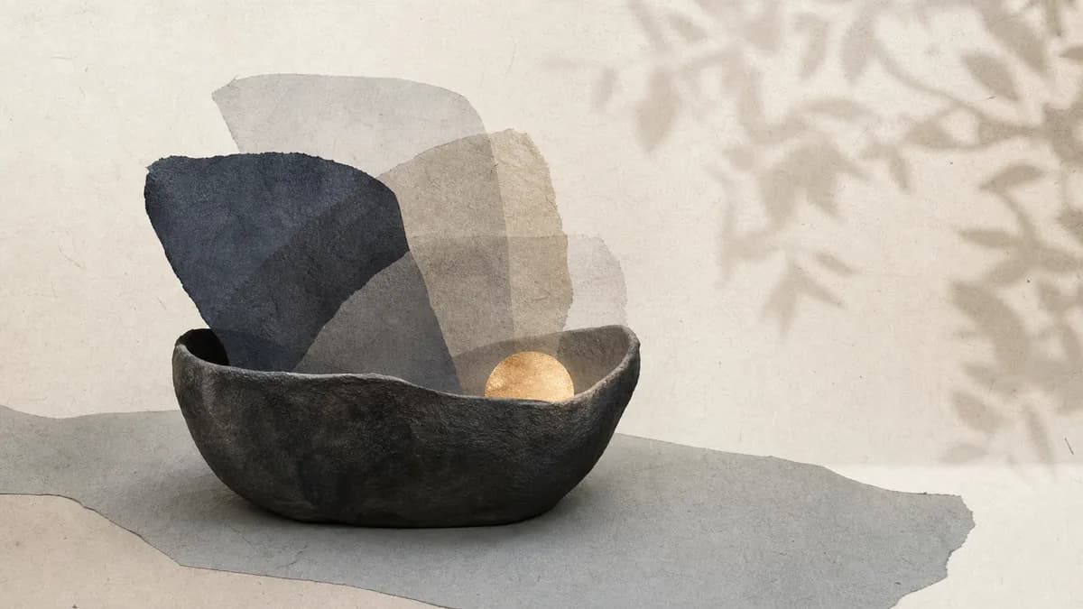 A rough dark bowl holds folded grey paper shapes and one small disc of gold leaf, leaf shadows above.