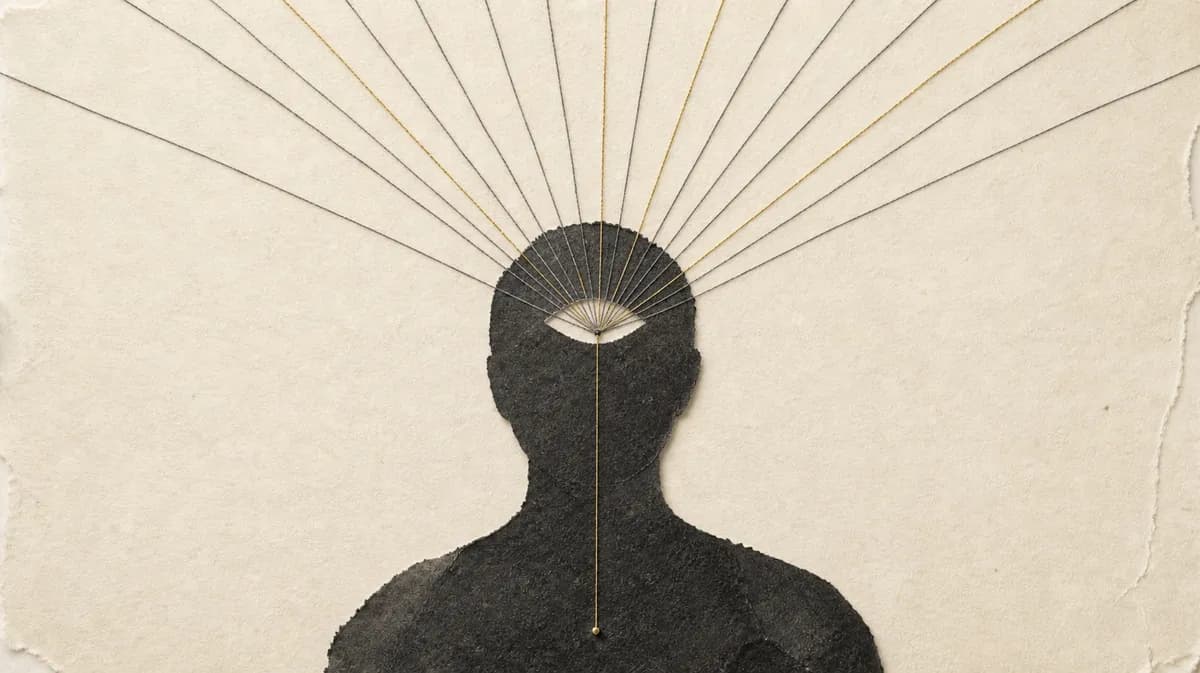 A dark paper-collage figure has an eye at its brow from which many fine grey and gold threads fan out across cream paper.