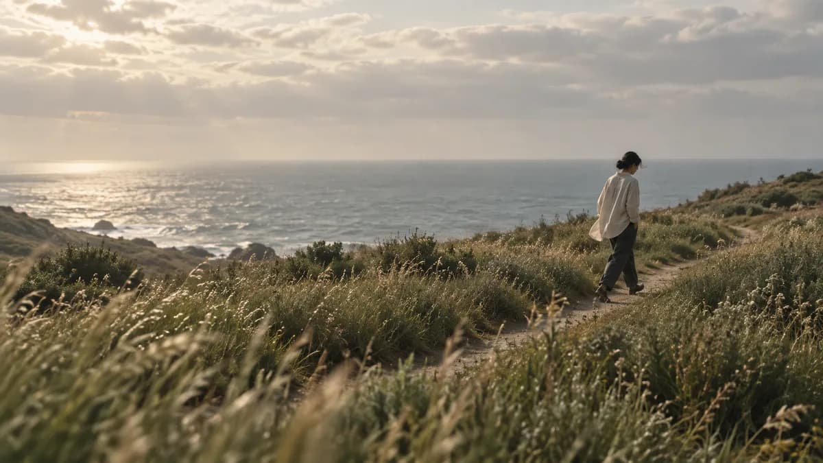 A person walking a grassy coastal path above the sea in late-afternoon light.
