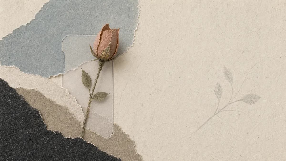 A single dried rose lies on a transparent phone-shaped glass over layered torn paper in blue, black and cream.