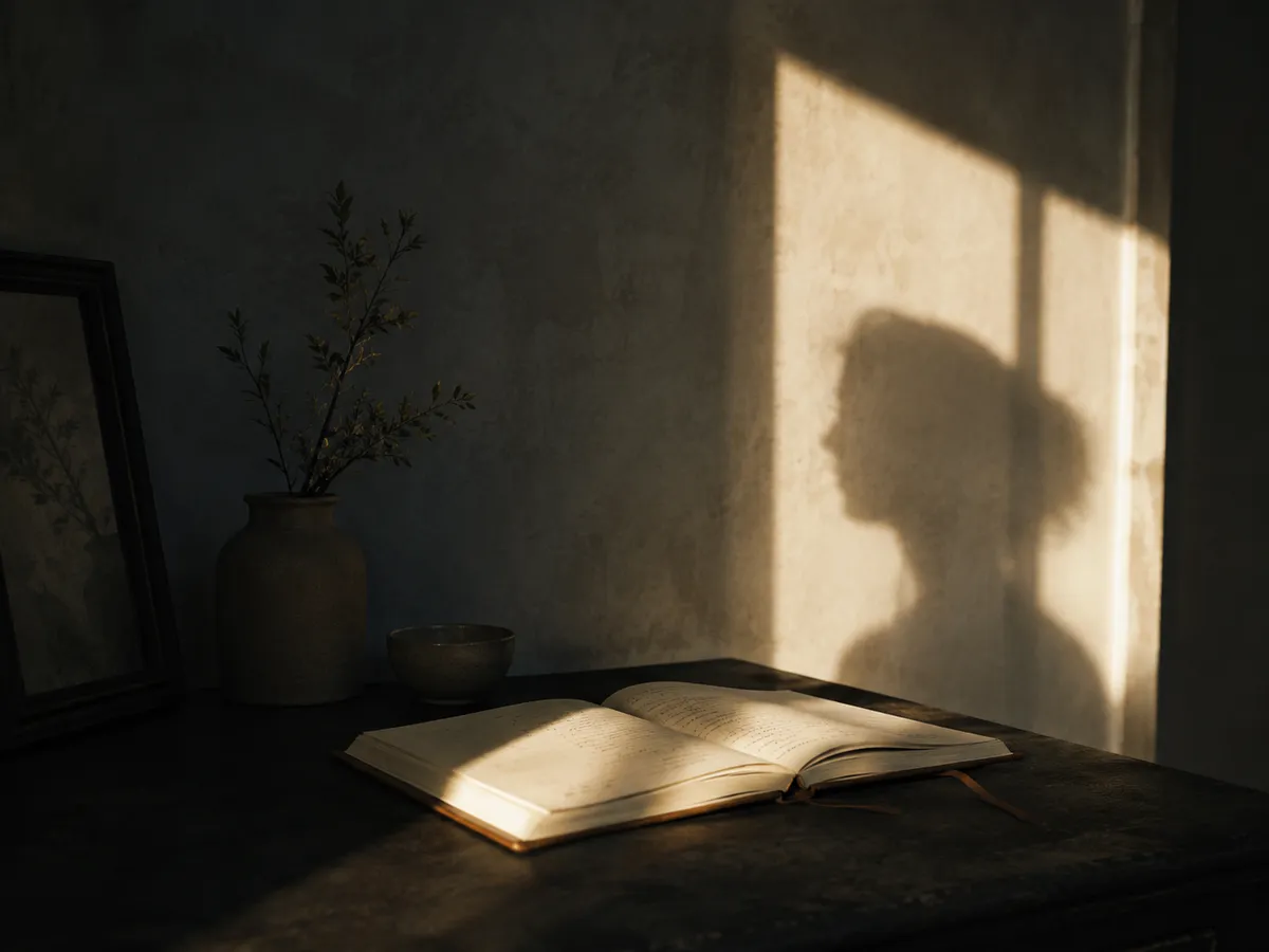 An open handwritten journal catches a shaft of light on a dark table, a person's soft shadow cast on the plaster wall behind.