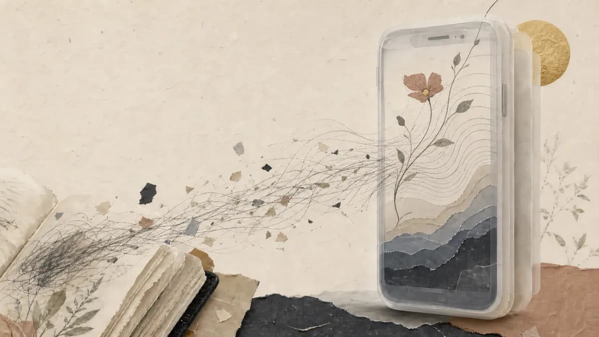 A glass phone rests on pale paper with a single pressed flower on its screen.