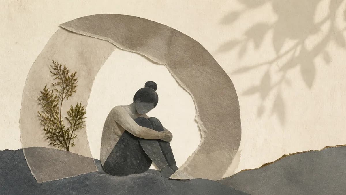 A paper-collage figure sits with knees drawn up inside a large protective arc, a small sprig growing beside them on muted hills.