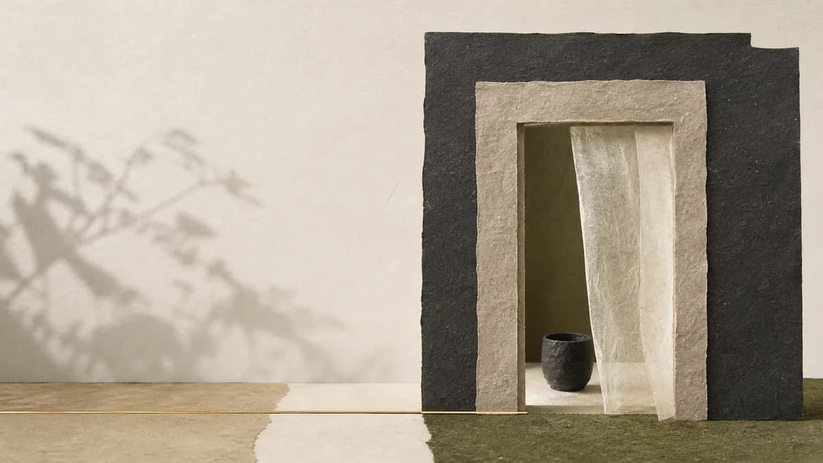 A layered paper doorway opens onto a small dark cup behind a translucent curtain, a gold path leading in.