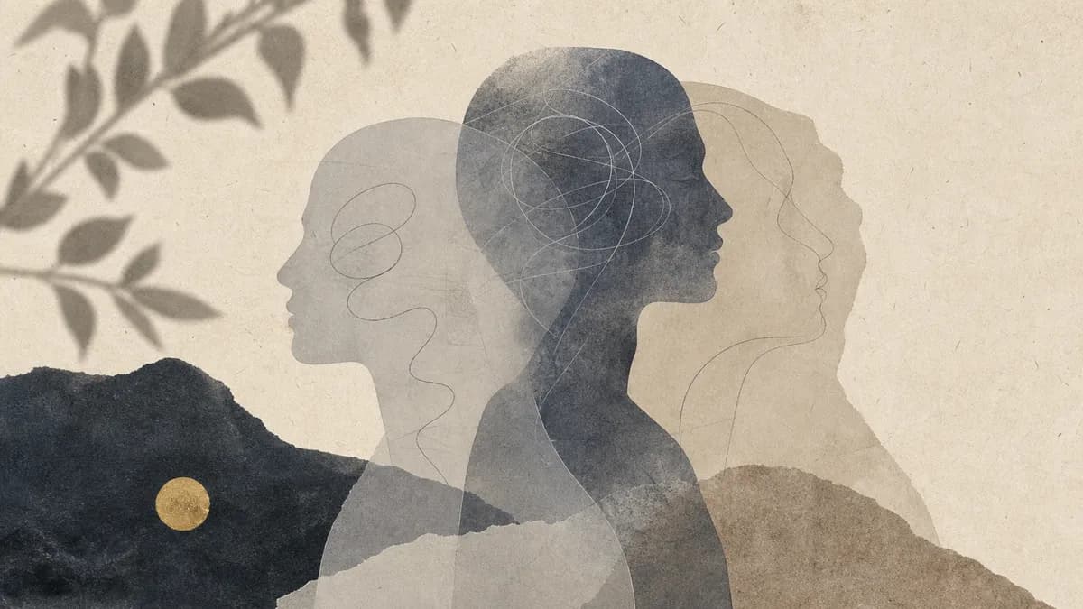 Three overlapping head profiles in muted paper tones, loose scribbled lines and a small gold moon among the hills.