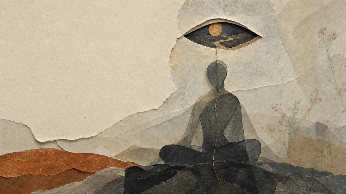 A seated paper-collage figure meditates on dark hills, a gold thread rising to a small window that frames a sunlit valley.