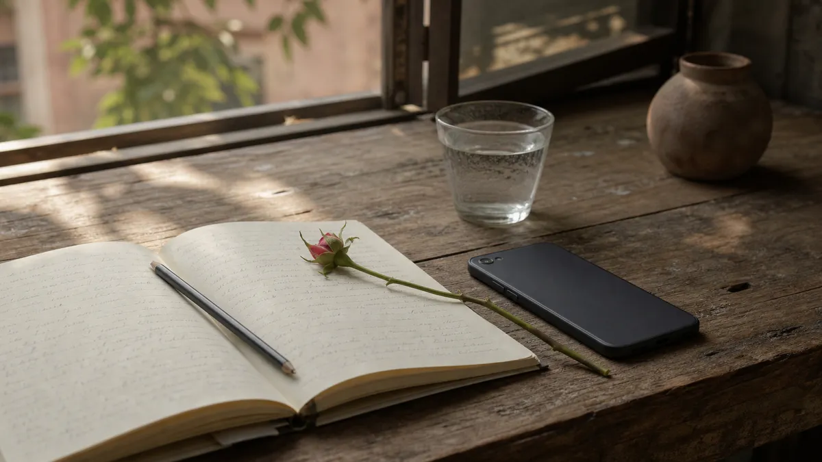 An open handwritten journal with a pencil and a single rose beside a black phone, a glass of water and a small pot on a sunlit table.