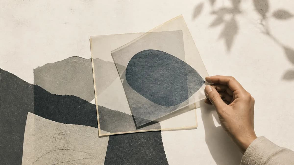 A hand lifts a gold-edged translucent sheet over a dark torn-paper shape, leaf shadows on the plaster wall.