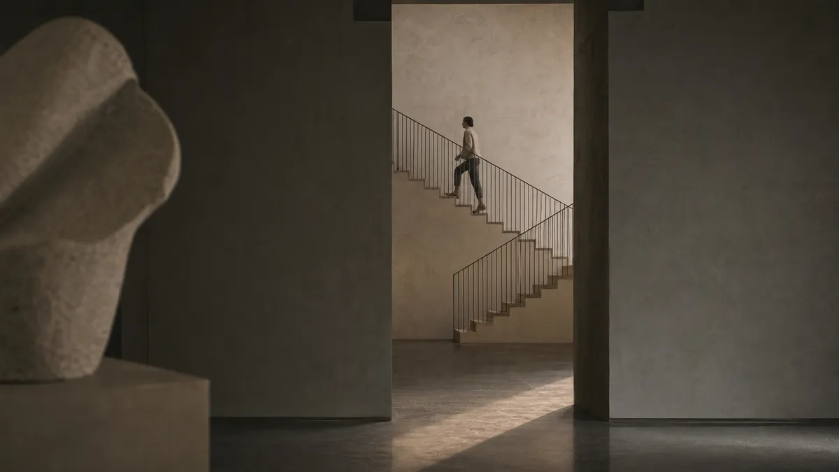Seen through a doorway past a stone sculpture, a woman climbs a switchback staircase in soft light.