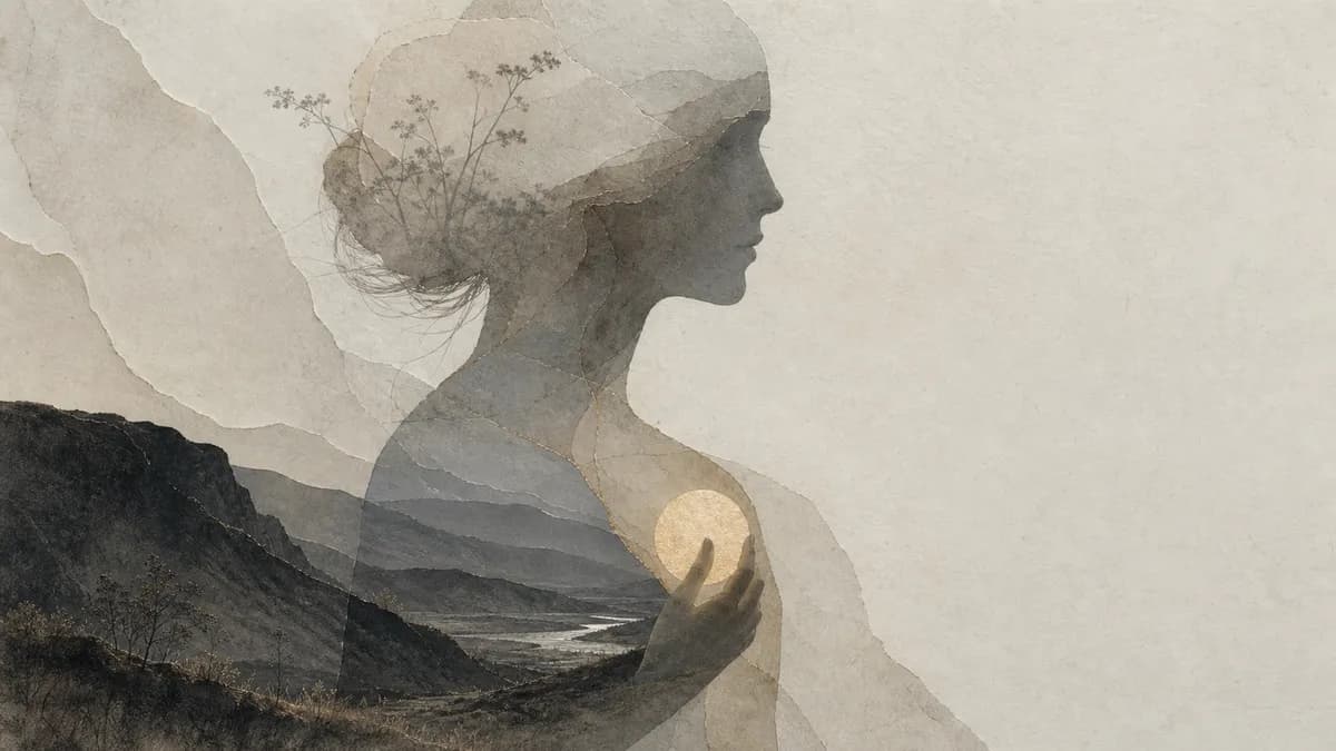 A woman's paper-collage profile merges with a misty valley, her hand cupping a small glowing gold orb at her chest.