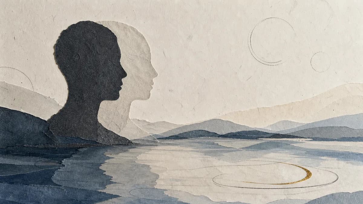 Two overlapping paper-collage head profiles rise from a still lake and layered hills, a faint gold crescent on the water.