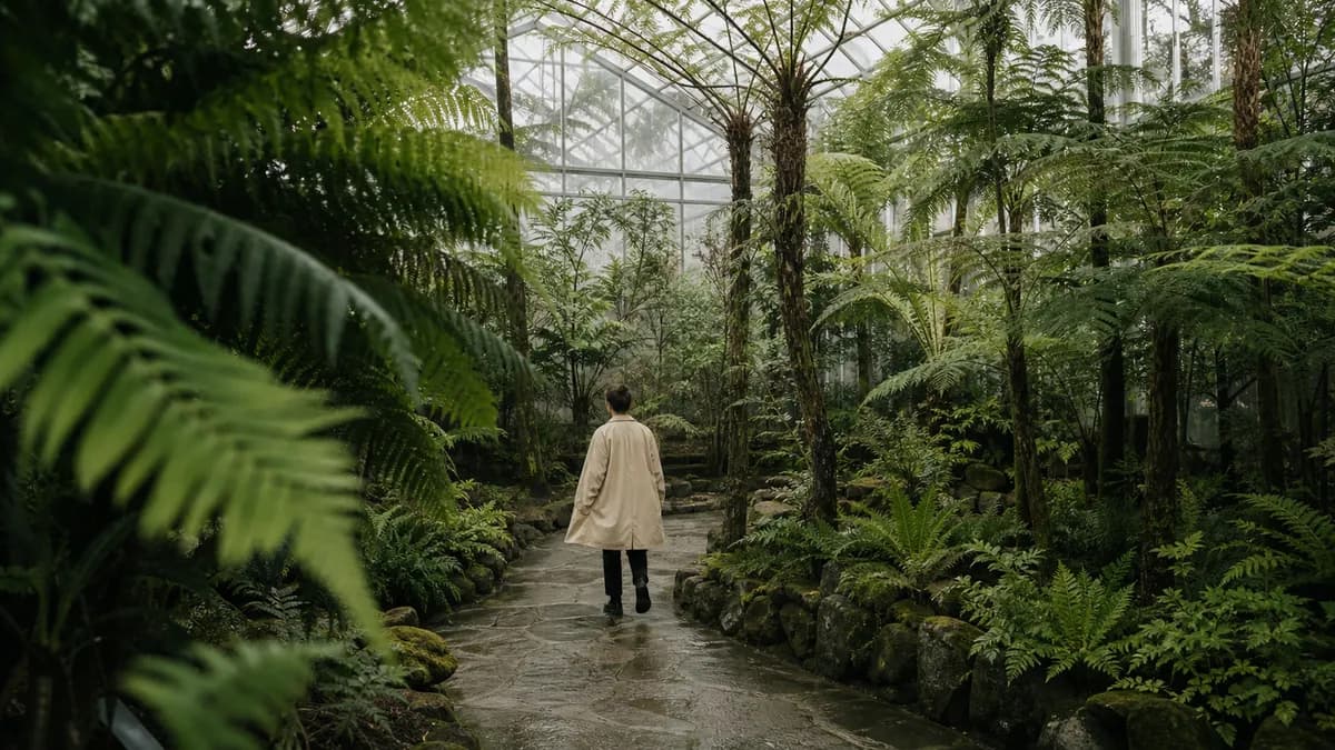 A person in a pale coat walks a stone path through a lush fern-filled Victorian greenhouse.