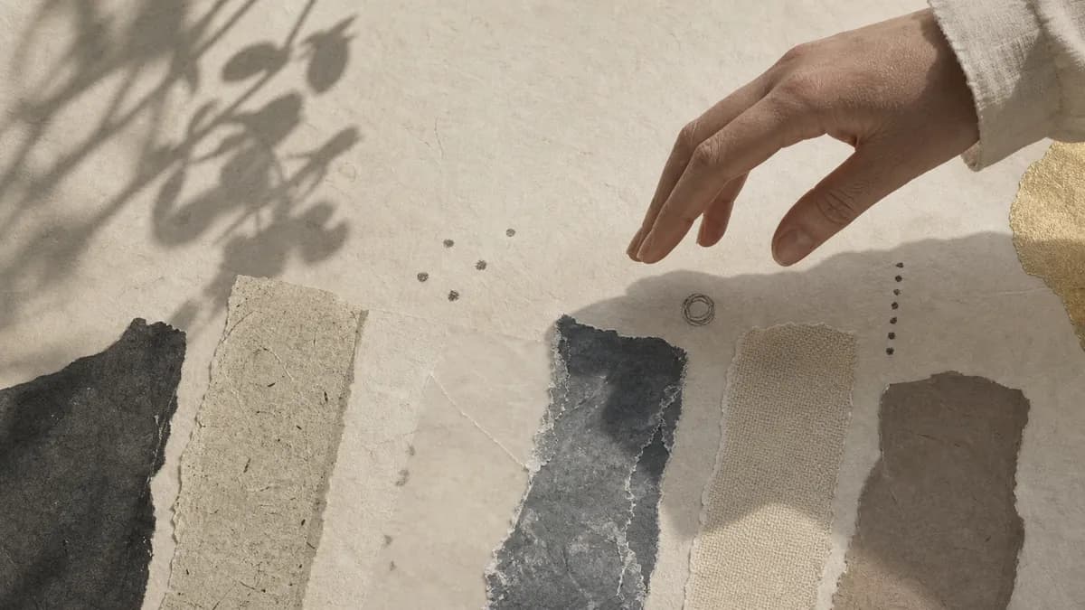 A hand hovers over a row of torn paper swatches in greys and creams, small pencil dots marked above.