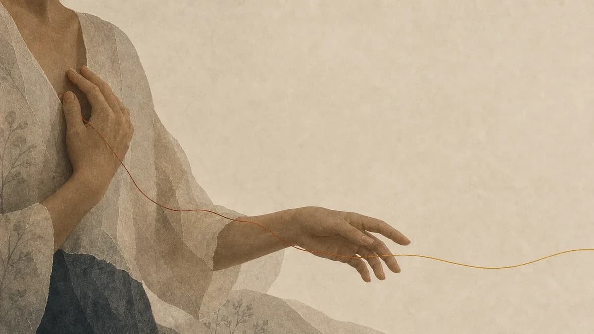 A torn-paper collage of a seated figure with one hand pressed to their own chest and the other arm extended open, a single thread running from the held hand along the arm and out past the edge of the frame.