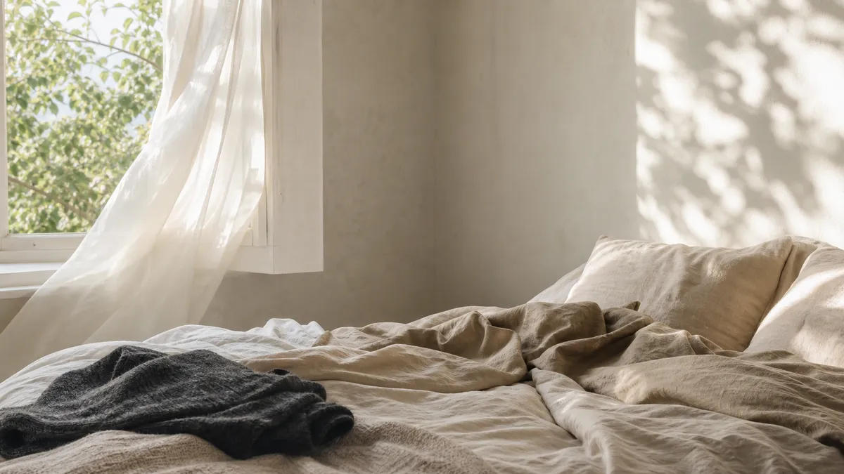 A rumpled linen bed with a dark knit throw glows in soft morning light beside an open curtained window.