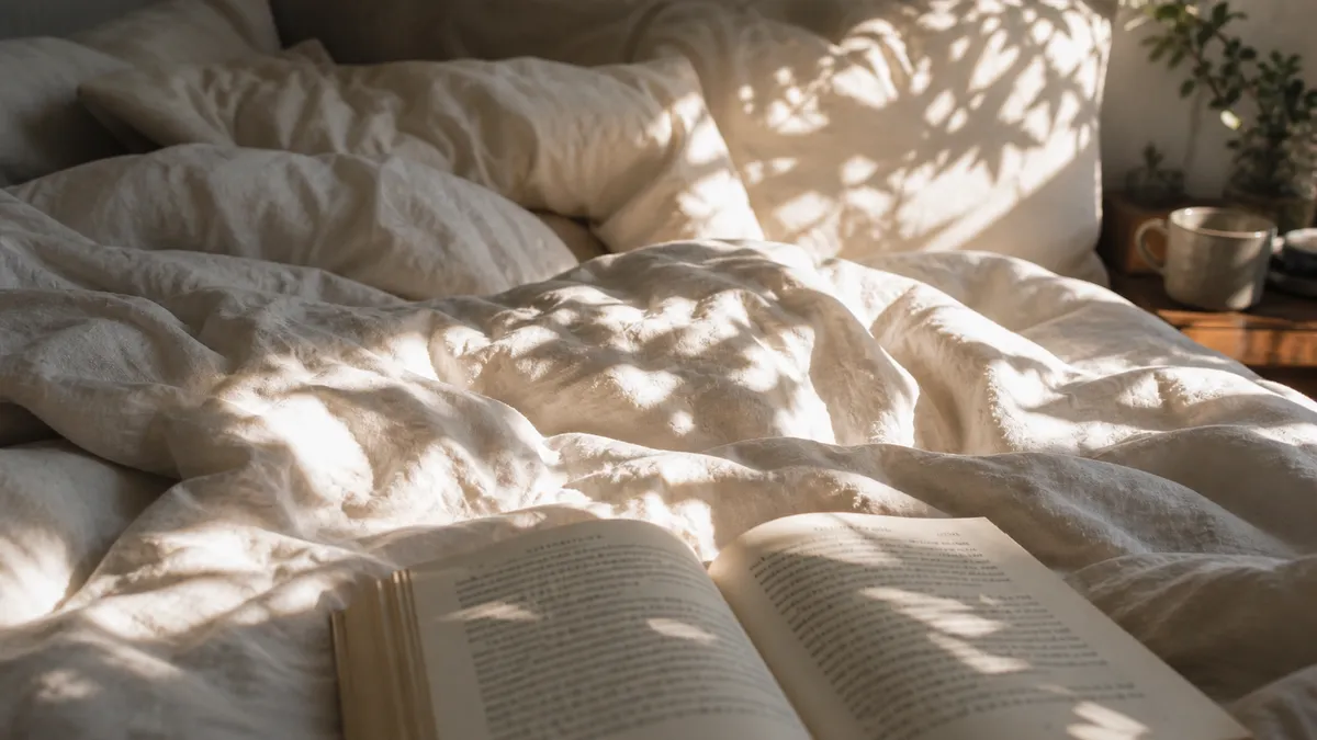 An open book rests on a sunlit unmade bed of white linen, dappled leaf shadows across the covers and a mug on the nightstand.