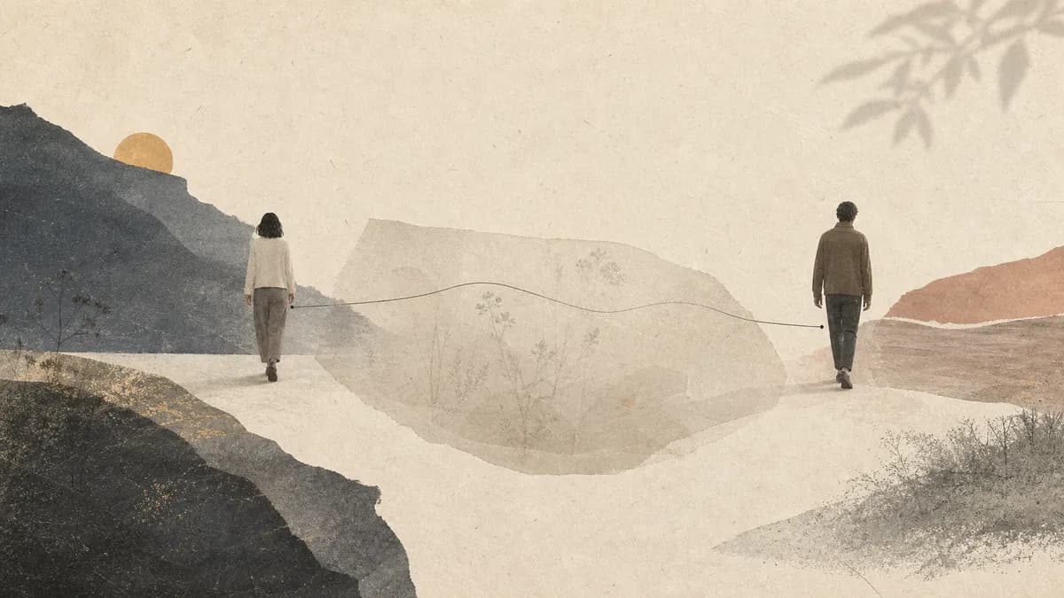 Two paper-collage figures walk separate paths across muted hills, still linked by a fine dark thread between them.
