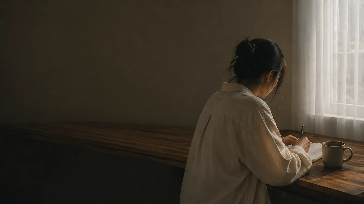 A woman in a linen shirt writes by hand in a notebook at a dark table beside a sheer-curtained window, a mug nearby.