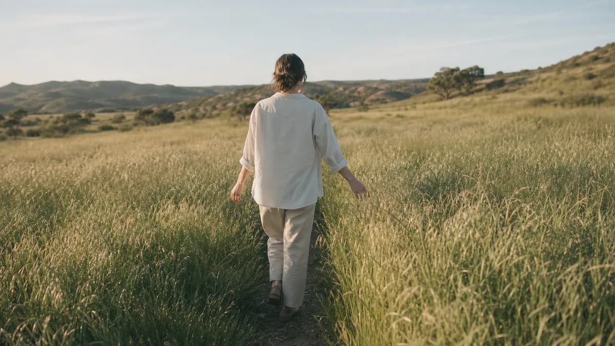 A woman in cream linen walks a faint path through a sunlit meadow of tall grass toward distant hills at golden hour.