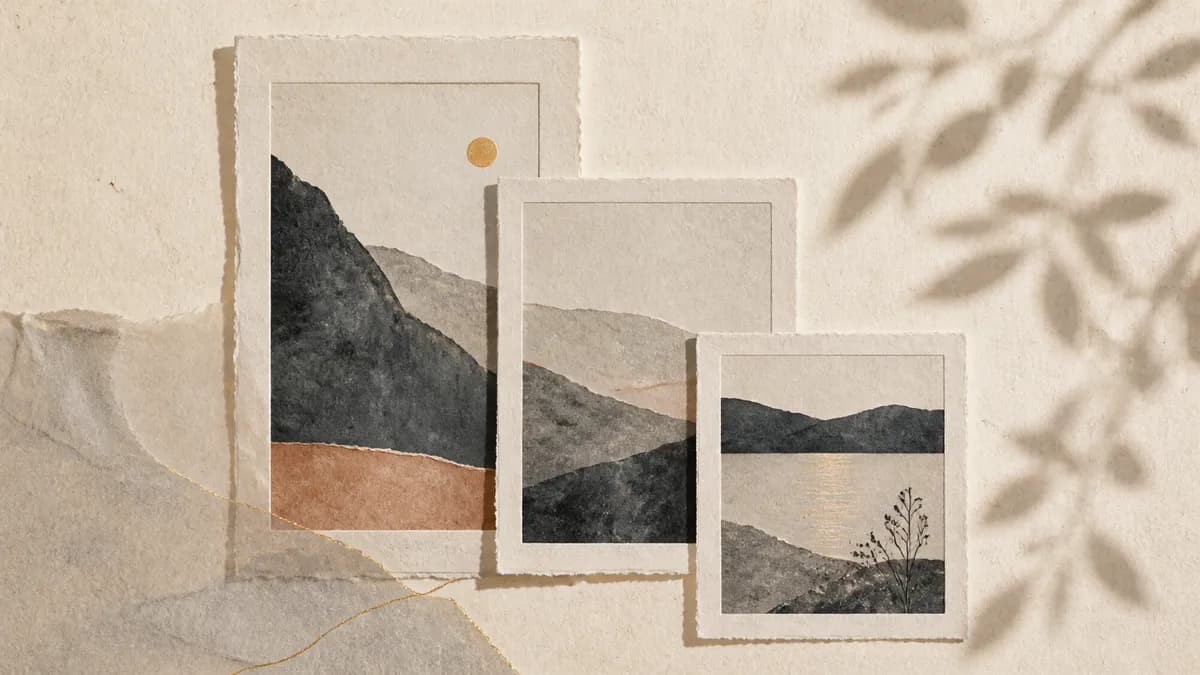 Three framed paper-collage mountain landscapes at different sizes arranged on a textured wall, a gold sun in the largest.
