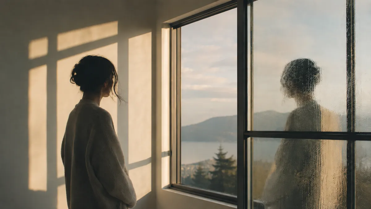 A woman stands at a bright window looking out over a lake, her reflection faint in the textured glass beside her.