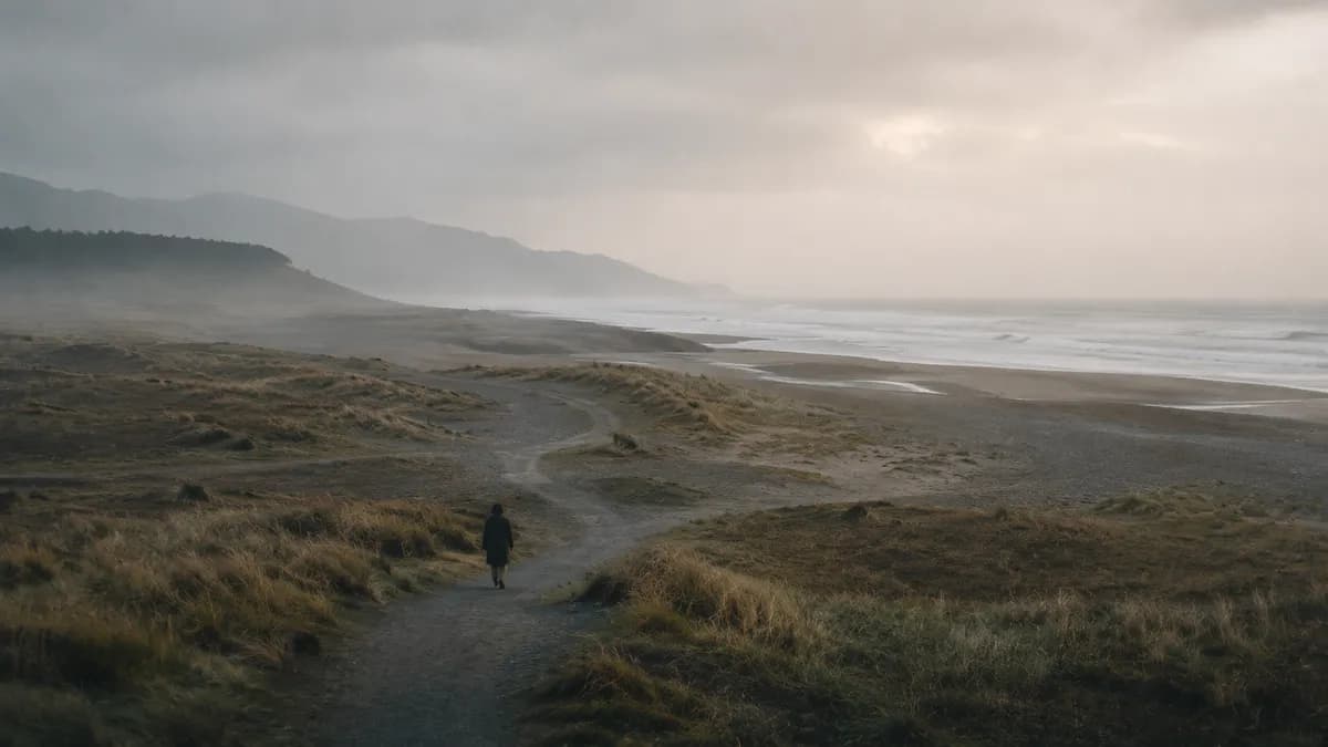 A lone figure in a dark coat walks a winding path through misty coastal dunes toward a pale grey sea.