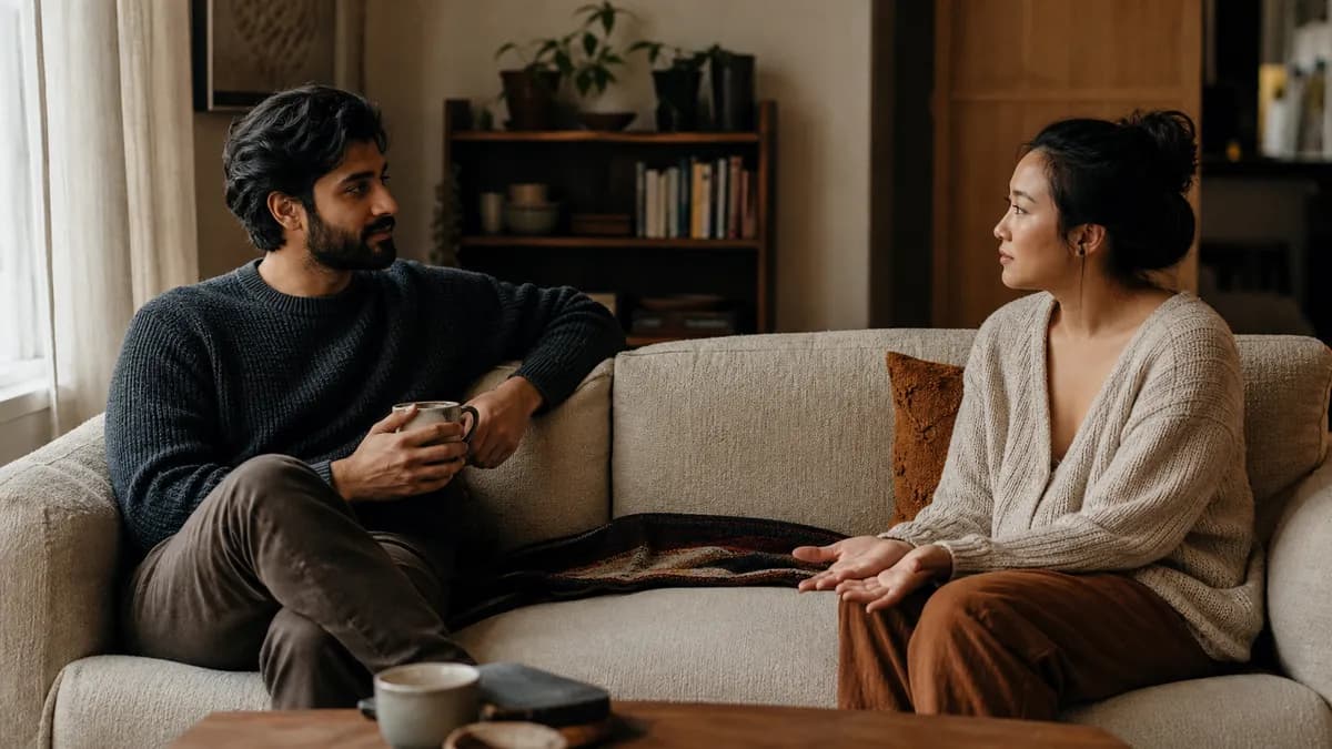 A man and a woman sit facing each other on a couch in warm lamplight, mid-conversation, one holding a mug.