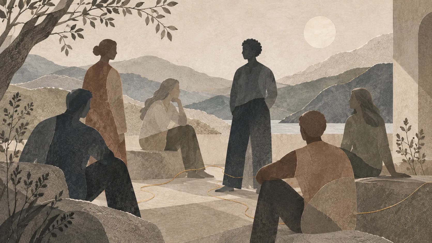 Six people gather in a warm, textured landscape, connected by a fine golden thread that represents a network of support.