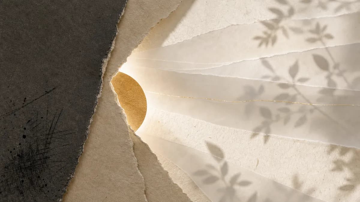 A gold paper sun glows in the gap where dark and cream torn papers part, sheer leaves and their shadows fanning to the right.