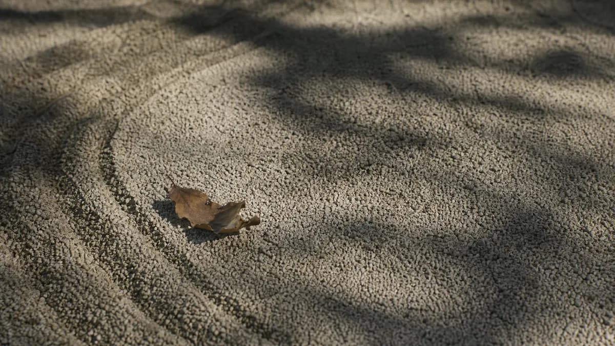 A single dried leaf rests on raked gravel patterned with concentric curved lines and soft branch shadows.