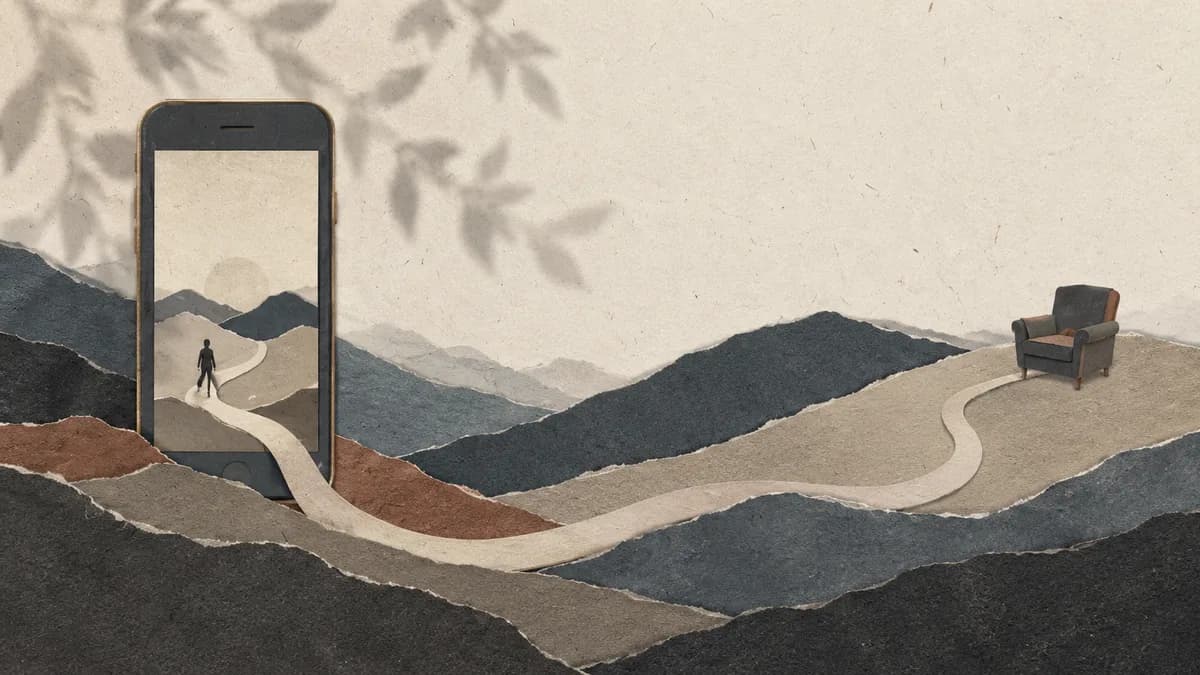 Paper-cut illustration of a path that starts inside a phone screen and continues across torn-paper hills to an empty armchair.