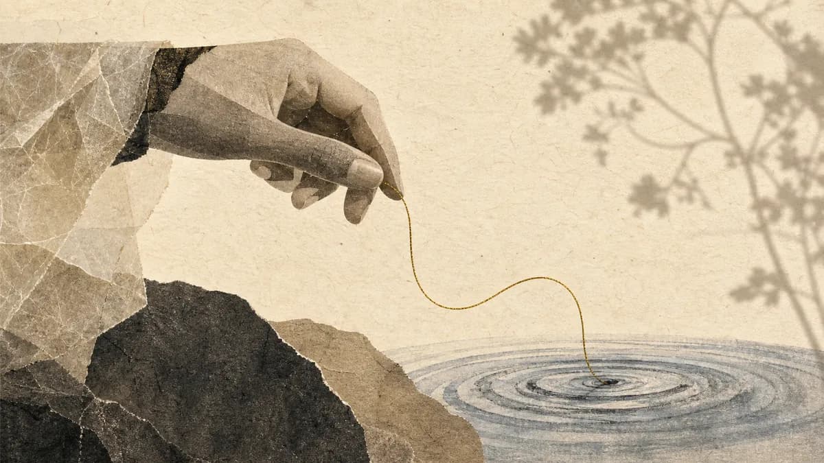 A collaged hand lowers a golden thread into rippling water, botanical shadows on the paper sky.