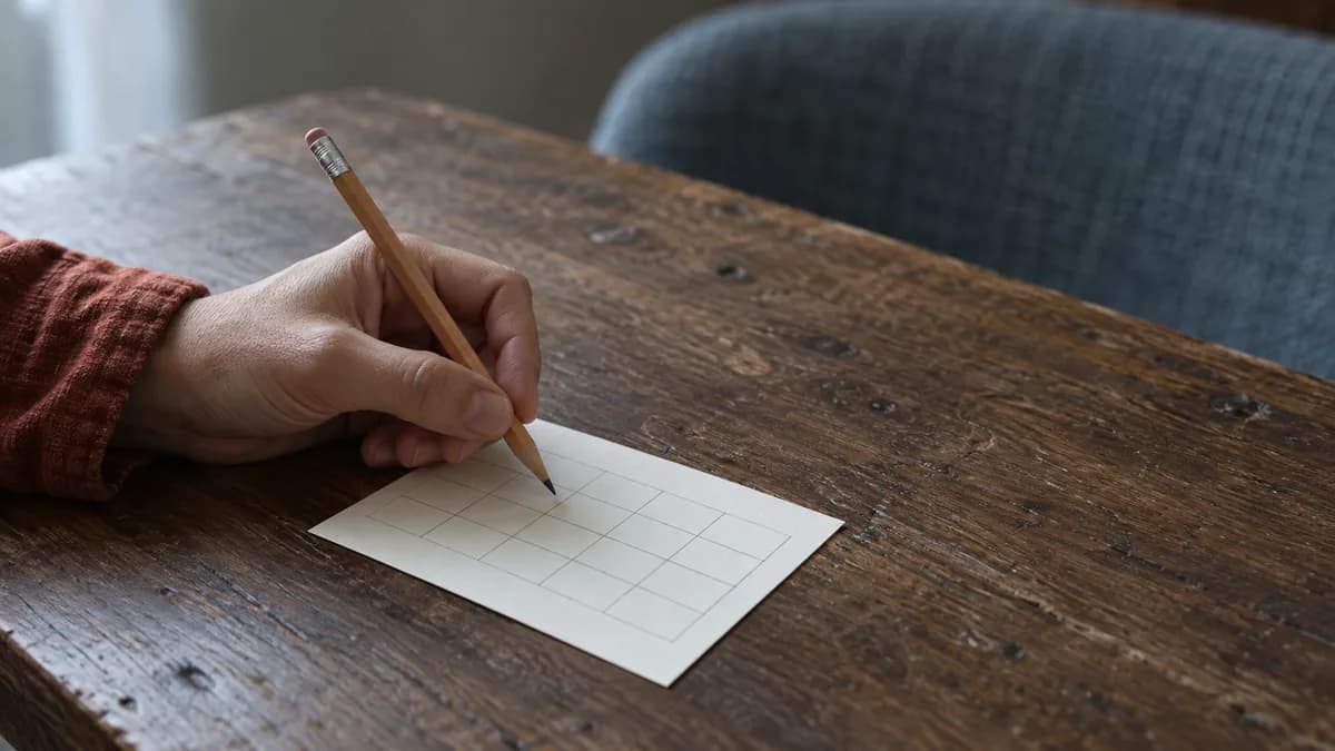 A hand drawing a pencil grid on a small card at a worn wooden table.