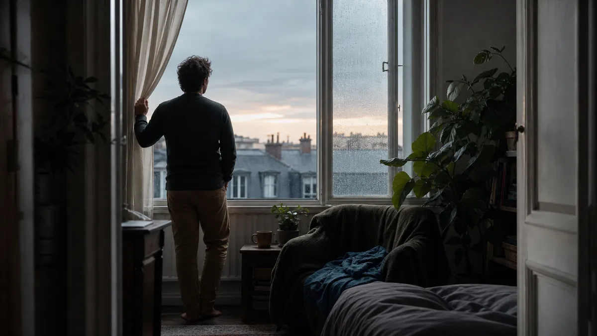 A man holds back the curtain at a rainy dusk window, rooftops fading into a soft grey evening beyond.