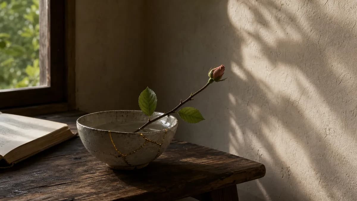 A gold-mended bowl holds a single rosebud stem beside an open book on a rustic table in warm window light.