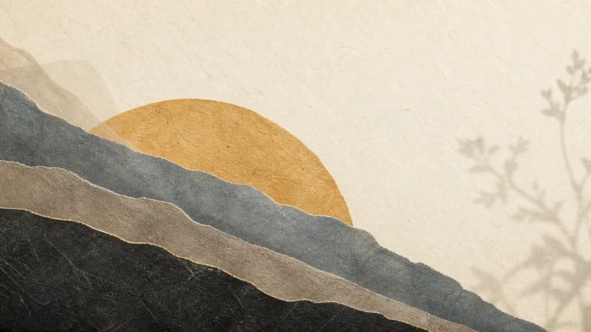 A gold paper sun rises over torn-paper mountain ridges in slate, taupe and black, a botanical shadow at the right.