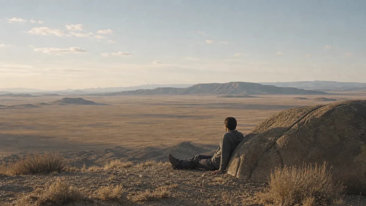 A man sits against a sunlit boulder on a high overlook, gazing across a vast dry plain toward distant mesas.