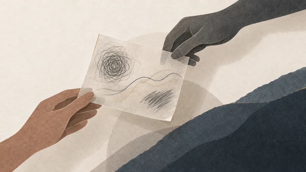Paper-cut illustration of two hands passing a translucent sheet marked with a scribble and a wavy line.
