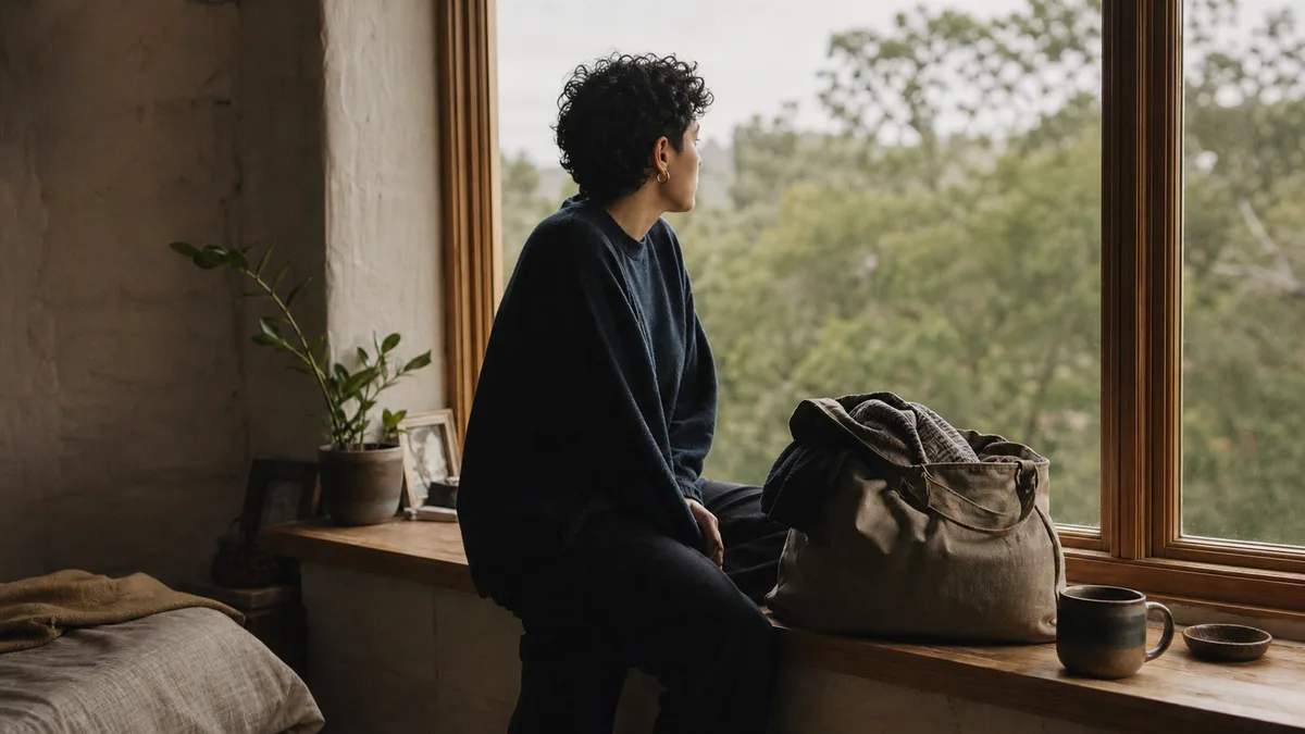 A woman sits at a windowsill with a mug of tea, gazing out at green trees in soft daylight.