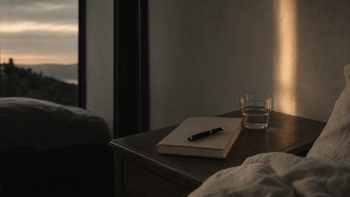 A closed journal and fountain pen rest on a dark nightstand beside a glass of water, dusk light through the window.