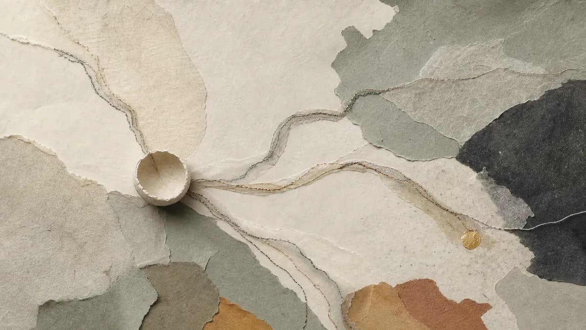 A small tipped paper cup spills fine threads outward across a torn-paper landscape.