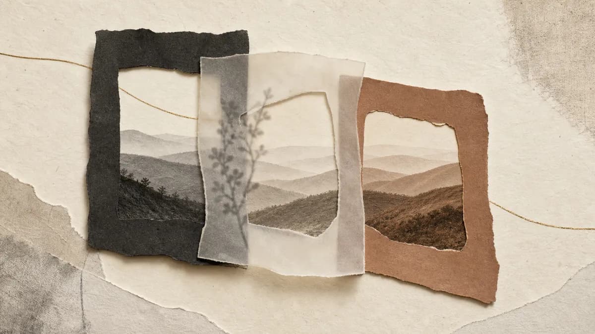 Three torn-paper frames, each revealing part of the same layered mountain range on pale paper.