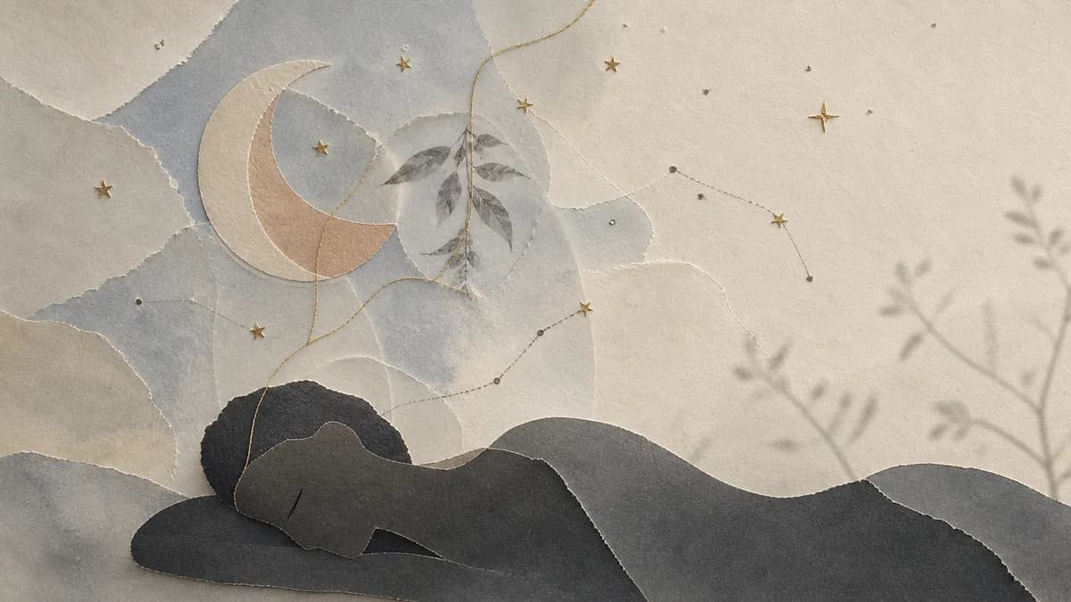 A paper-collage figure sleeps beneath a crescent moon, scattered stars, and faint gold constellations.
