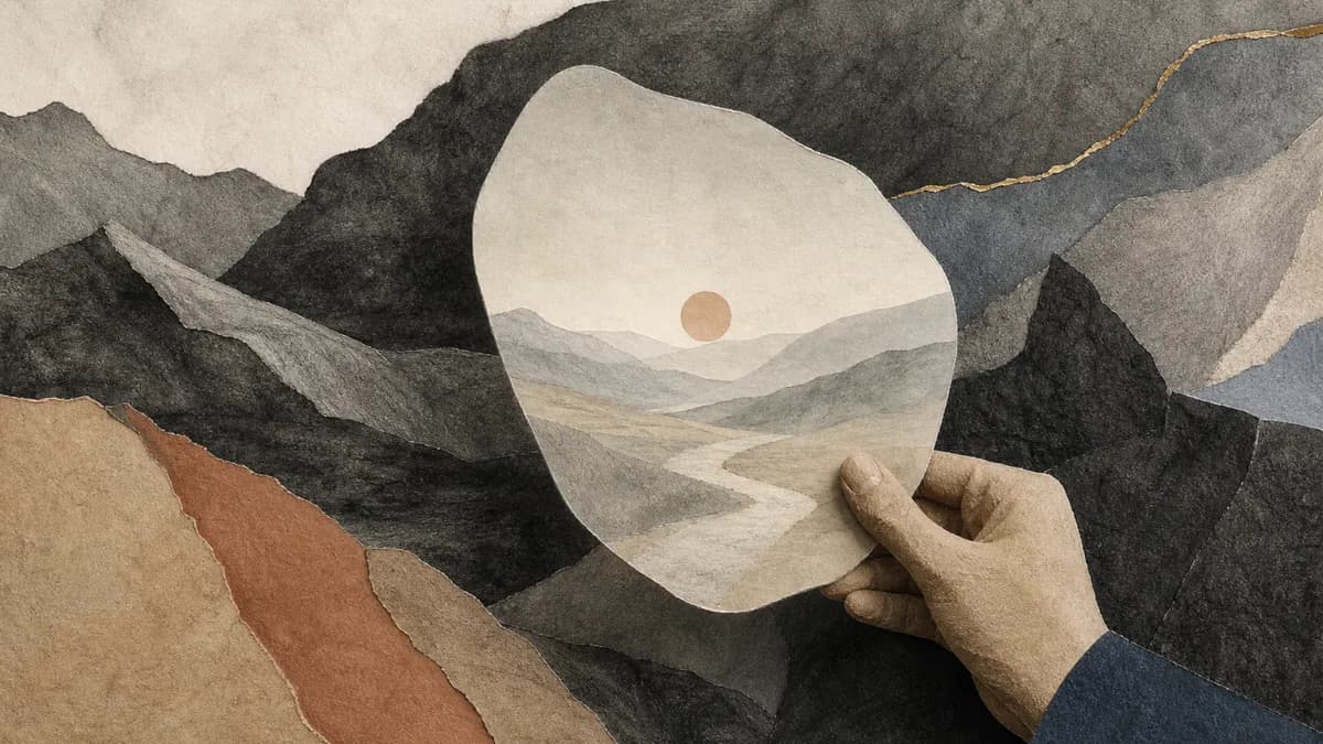 A hand lifts a translucent paper moon above a collage of paper mountains, a small sun glowing within it.