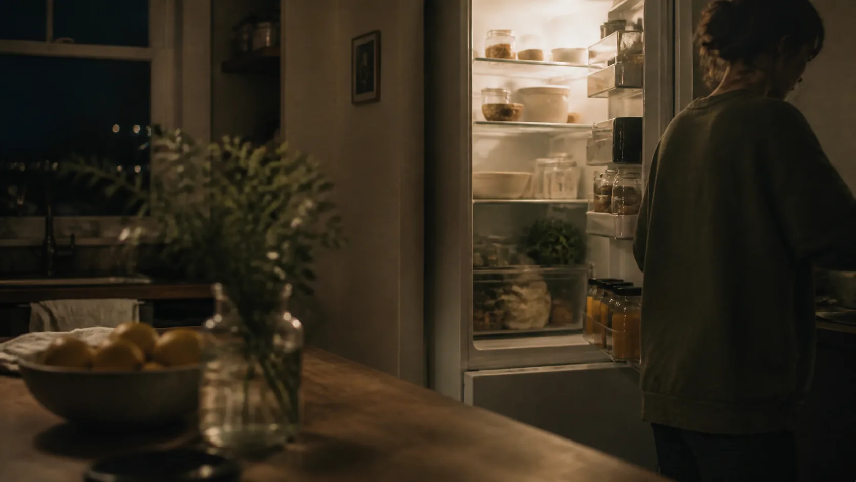 A person stands thoughtfully in front of an open refrigerator in a lived-in kitchen at night.
