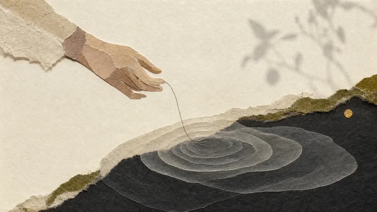 A collaged hand lowers a fine thread toward concentric ripples in dark water, a bird shadow on the paper sky.