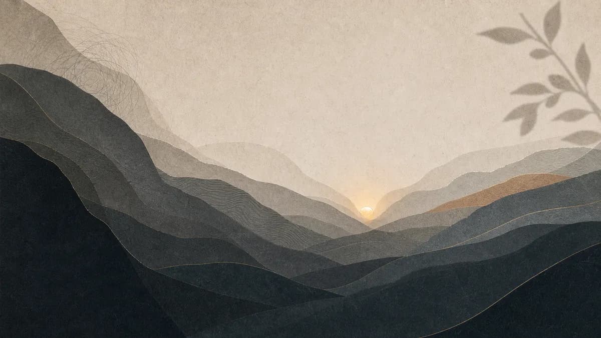 A small gold sun rises in the notch between layered torn-paper mountains, a faint scribble dissolving in the sky.