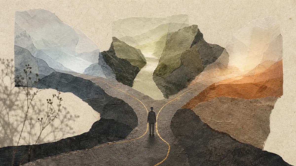 A small figure stands where a golden path forks between layered paper-collage valleys, soft light in the distance.