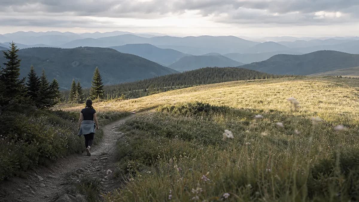 A person follows a meadow trail toward layered blue mountain ridges fading into a soft cloudy horizon.